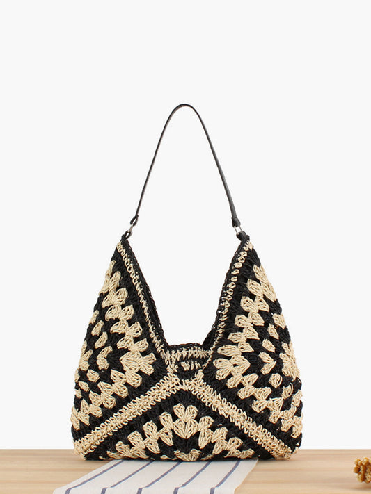 Kiara Crochet Granny Square Oversized Shoulder Tote - Black