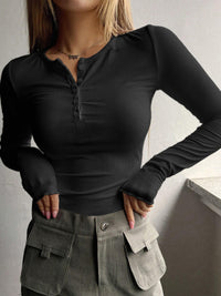 Virginie Henley Button Fine Rib Fitted Crew Neck Long Sleeve Top
