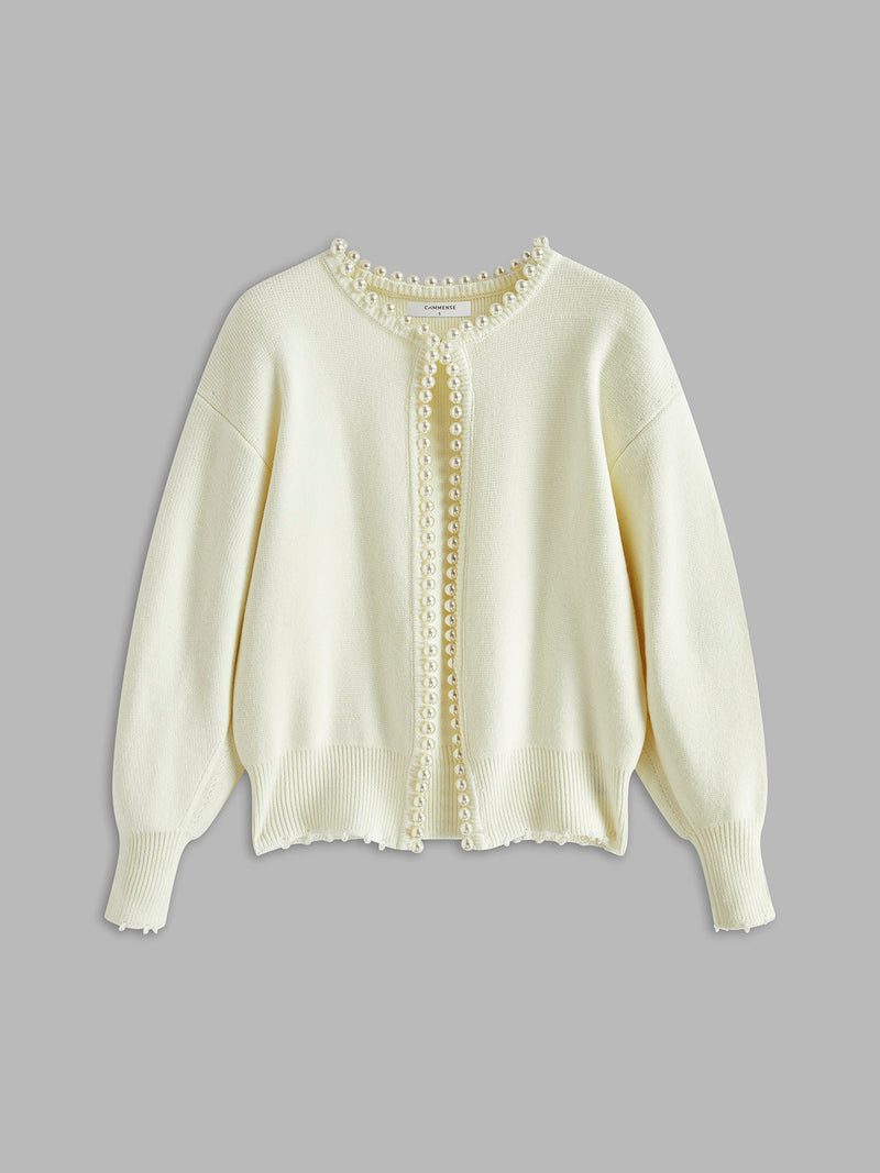 Anais Pearl Trim Edge Cropped Round Neck Knit Cardigan