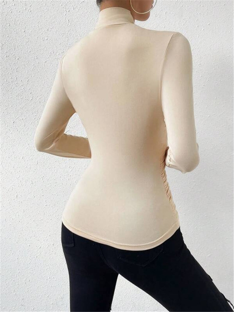 Solange High Neck Ruched Side Fitted Second Skin Long Sleeve Top