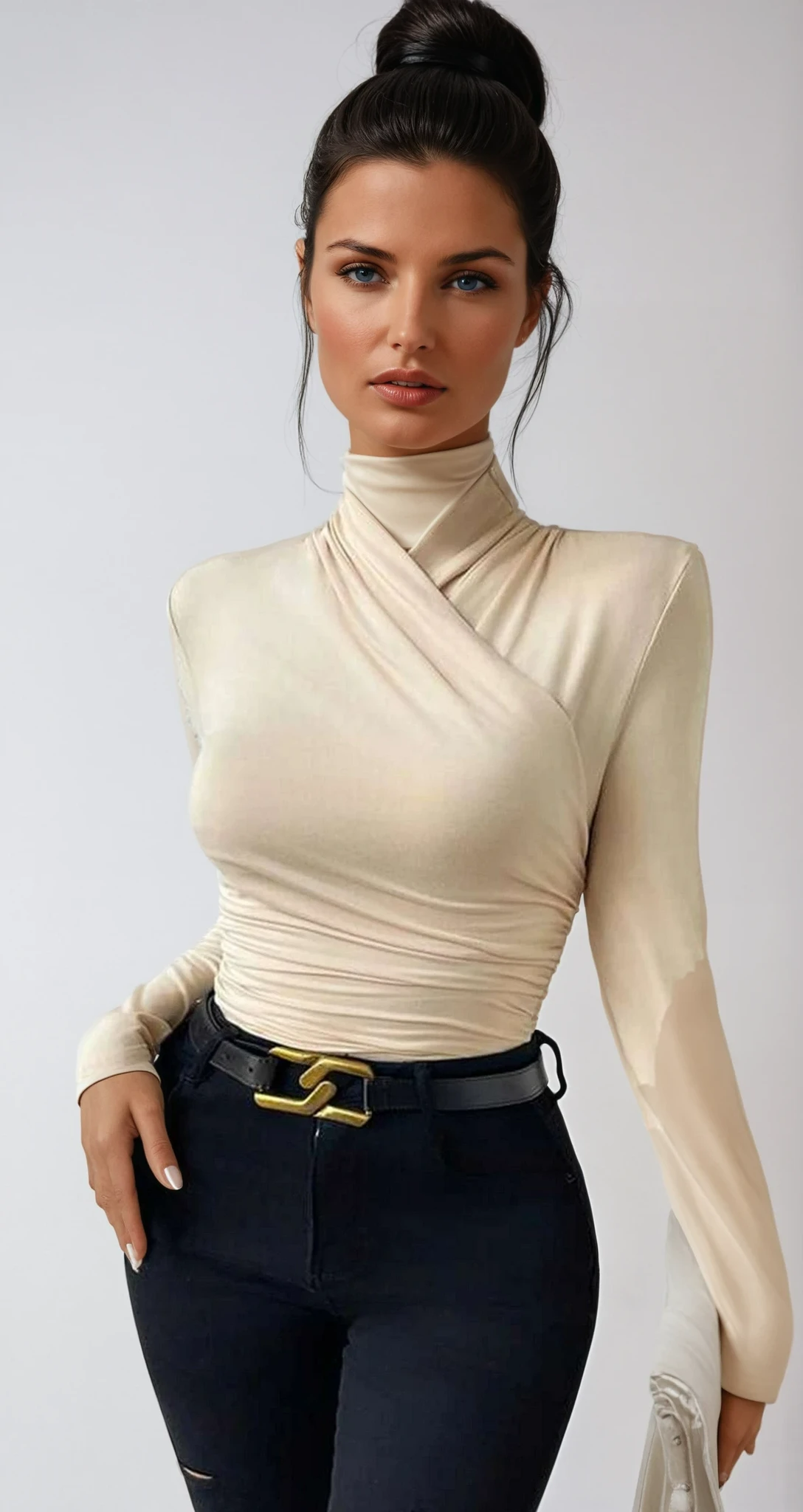 Solange High Neck Ruched Side Fitted Second Skin Long Sleeve Top - Beige