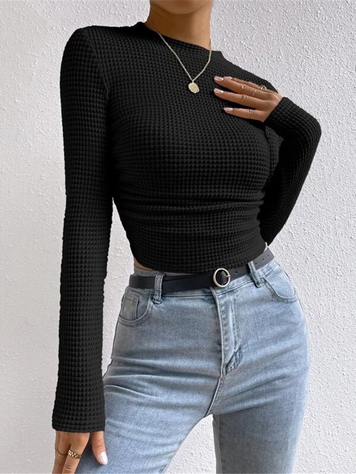 Belinda Waffle Texture Mock Neck Flared Cuff Fitted Knit Top - Black