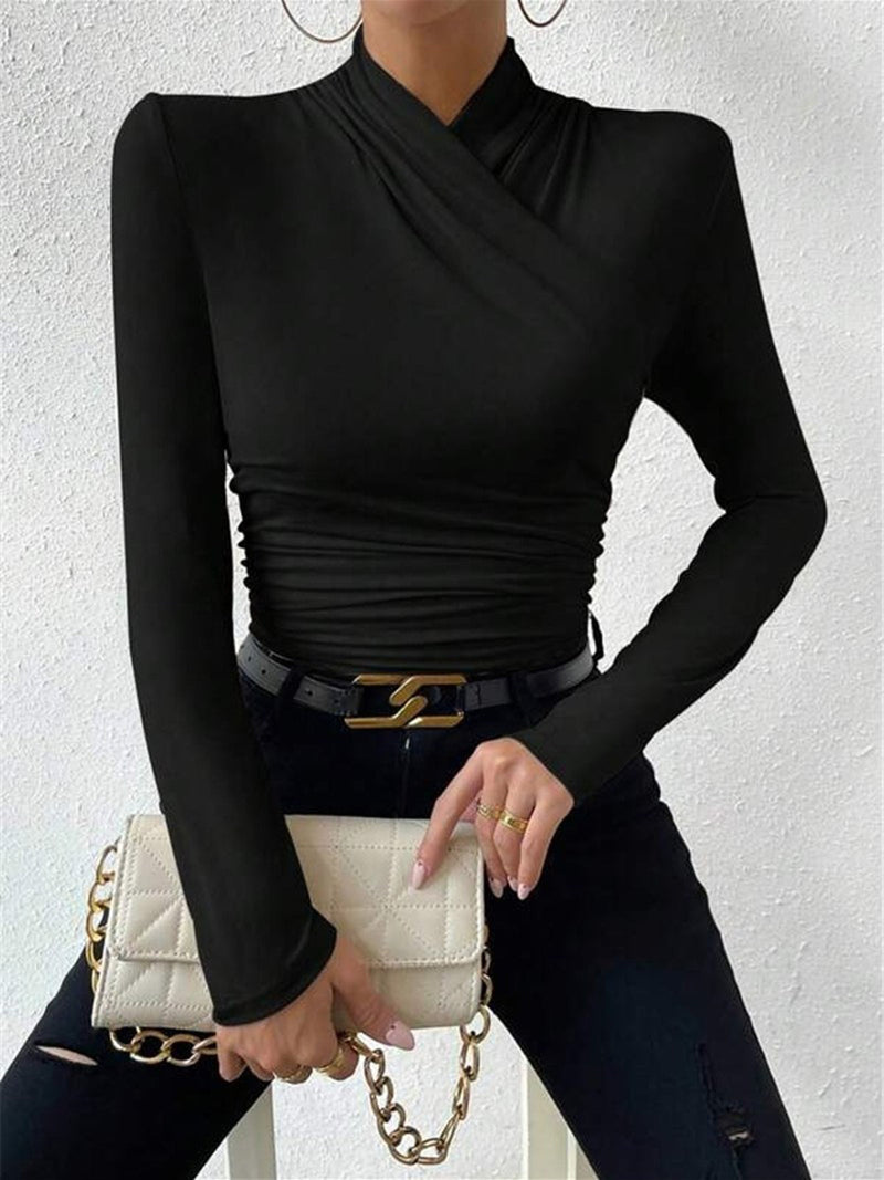 Solange High Neck Ruched Side Fitted Second Skin Long Sleeve Top