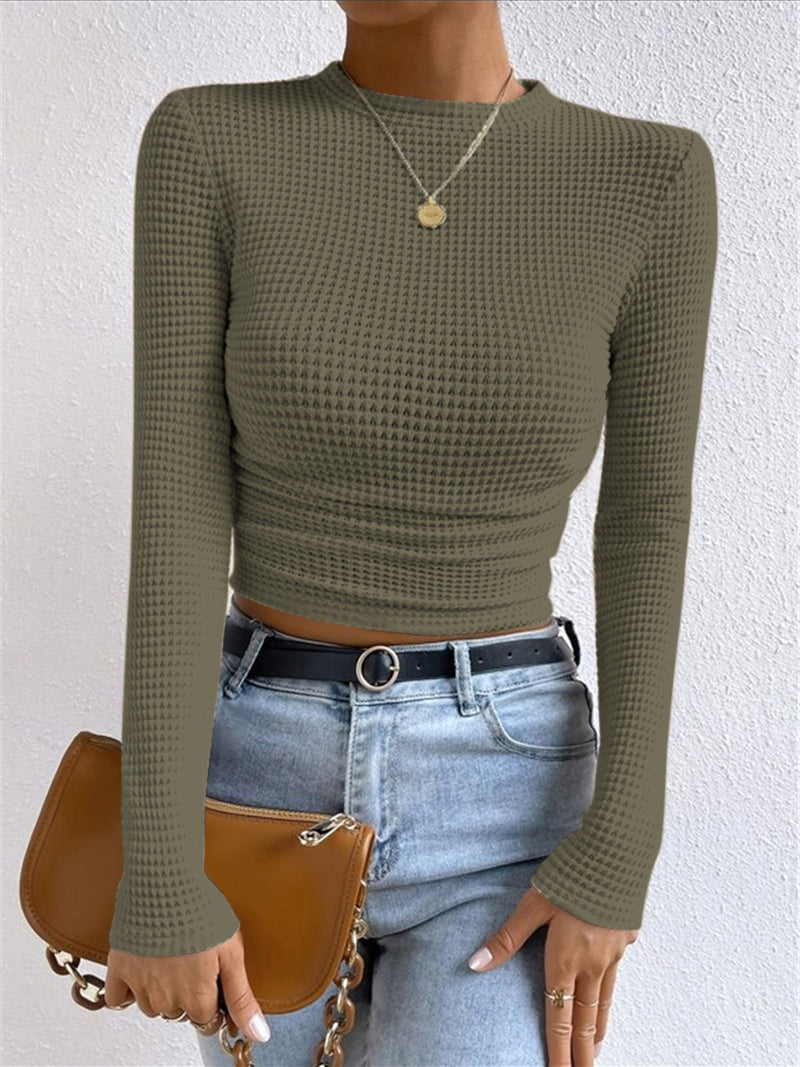 Belinda Waffle Texture Mock Neck Flared Cuff Fitted Knit Top