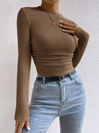 Belinda Waffle Texture Mock Neck Flared Cuff Fitted Knit Top