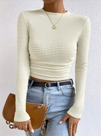 Belinda Waffle Texture Mock Neck Flared Cuff Fitted Knit Top