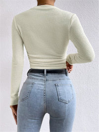 Belinda Waffle Texture Mock Neck Flared Cuff Fitted Knit Top