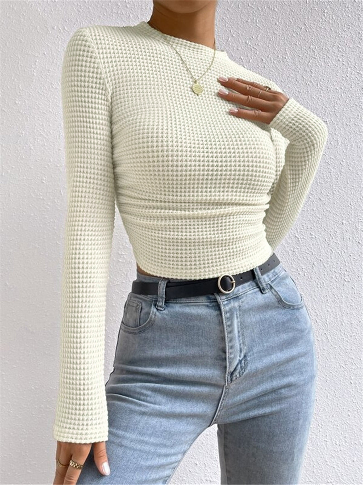 Belinda Waffle Texture Mock Neck Flared Cuff Fitted Knit Top - Beige