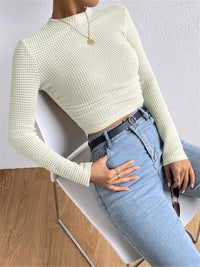 Belinda Waffle Texture Mock Neck Flared Cuff Fitted Knit Top
