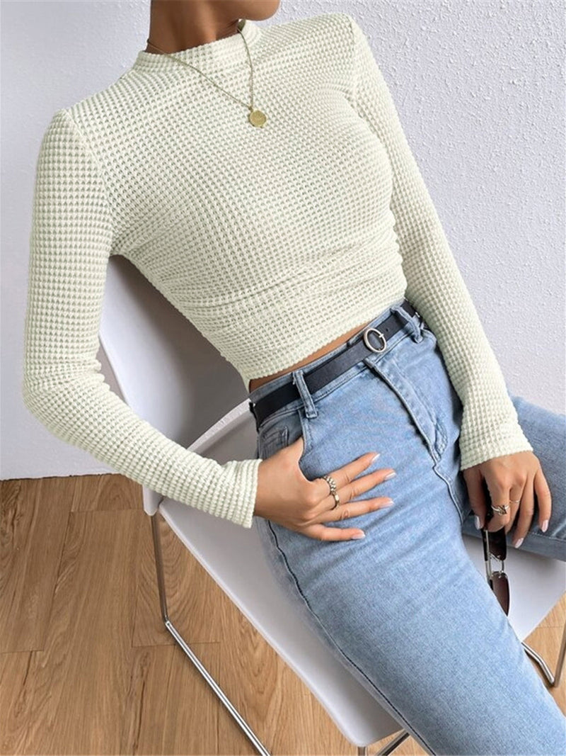 Belinda Waffle Texture Mock Neck Flared Cuff Fitted Knit Top