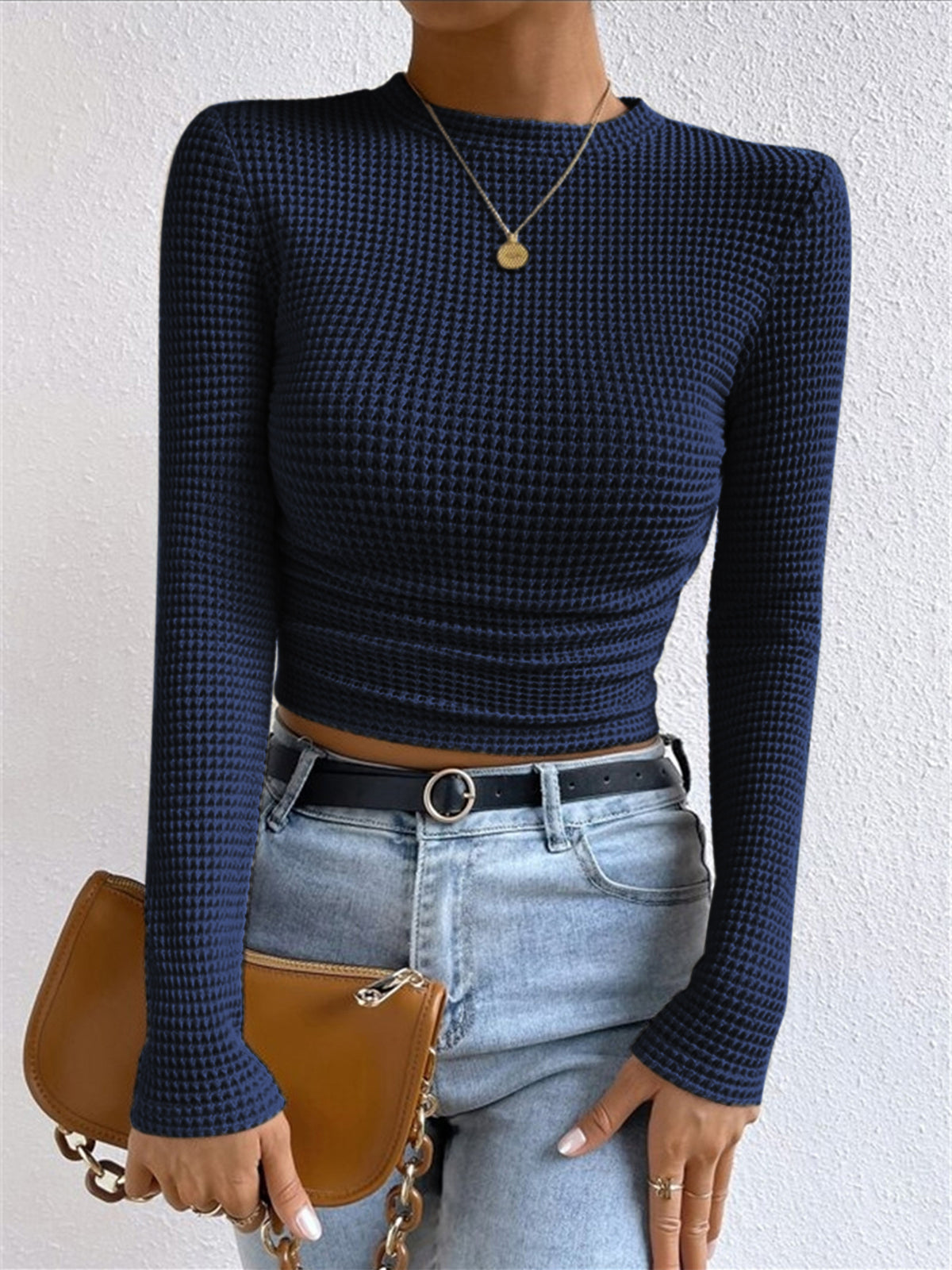 Belinda Waffle Texture Mock Neck Flared Cuff Fitted Knit Top - Navy