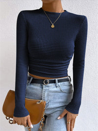 Belinda Waffle Texture Mock Neck Flared Cuff Fitted Knit Top