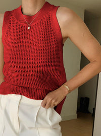 Bernadine Open Crochet Knit High Neck Sleeveless Boxy Vest Top