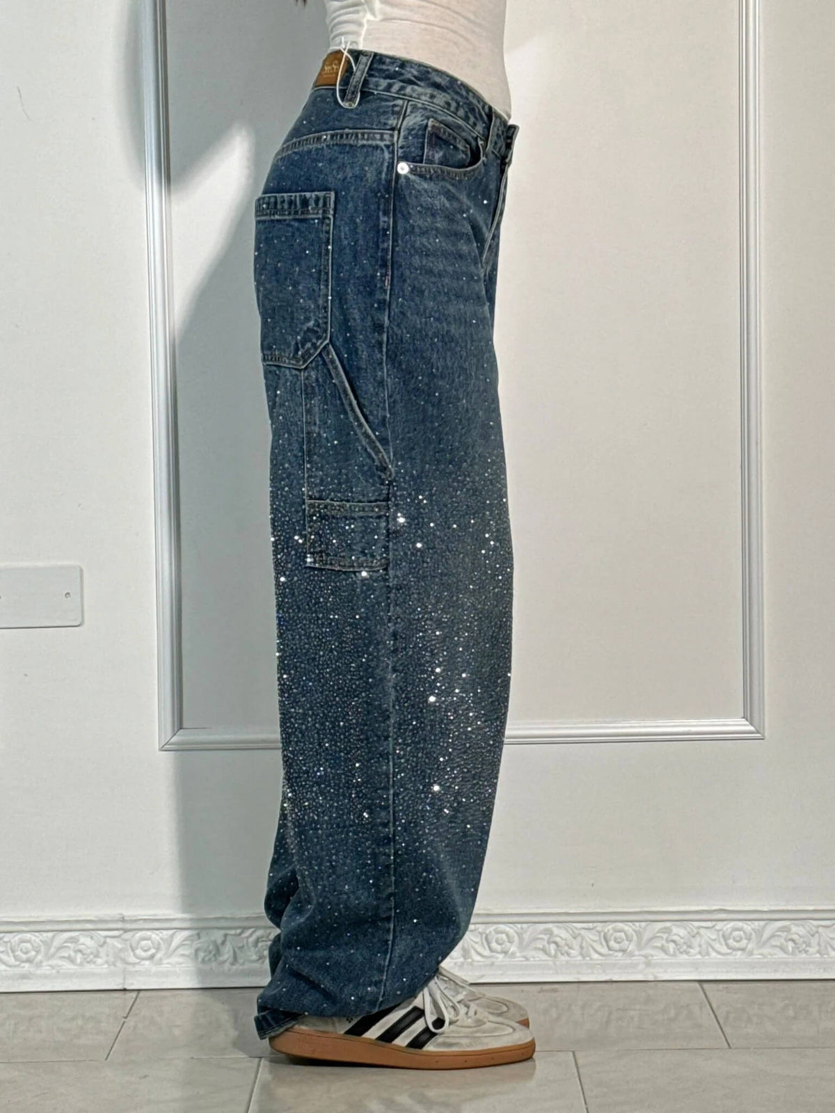 Laurence Scatter Crystal Trim Baggy Wide Leg Denim Jeans