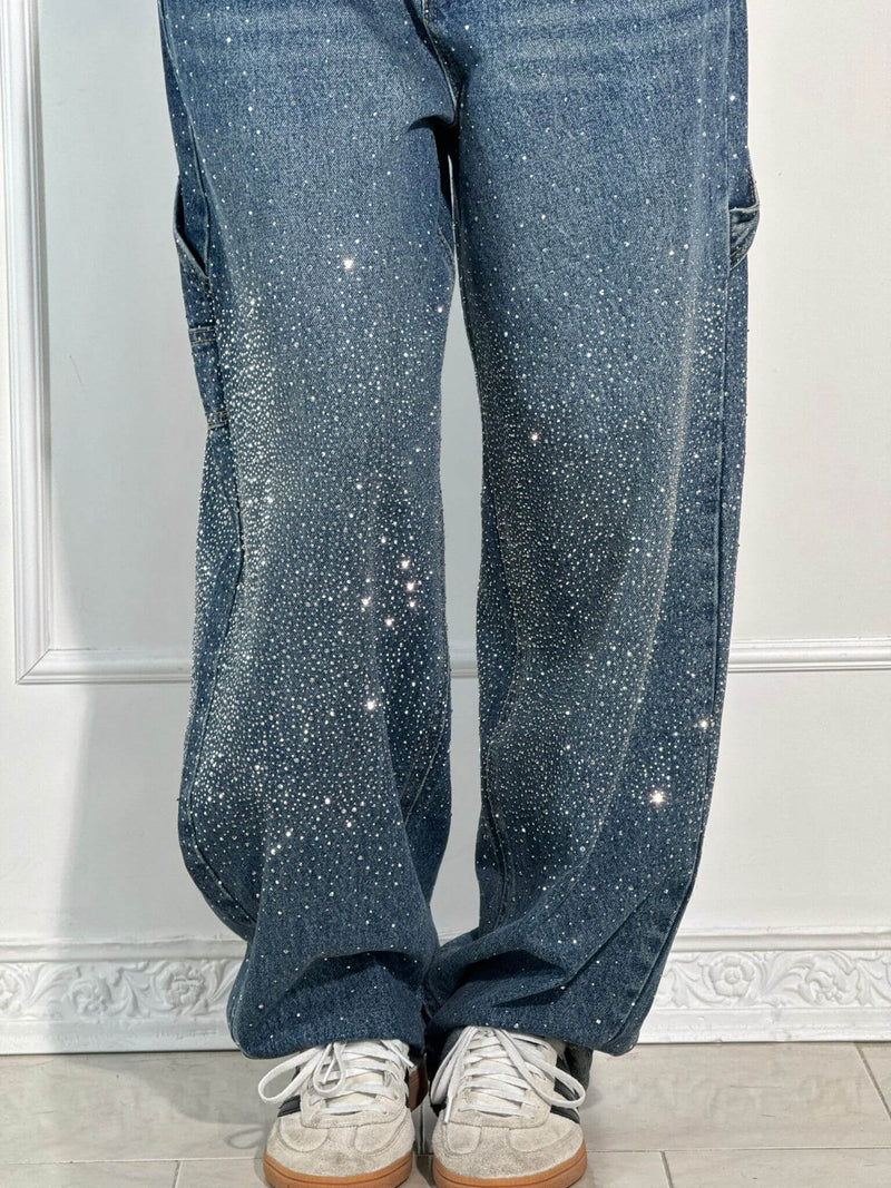 Laurence Scatter Crystal Trim Baggy Wide Leg Denim Jeans