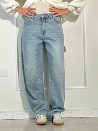 Laurence Scatter Crystal Trim Baggy Wide Leg Denim Jeans