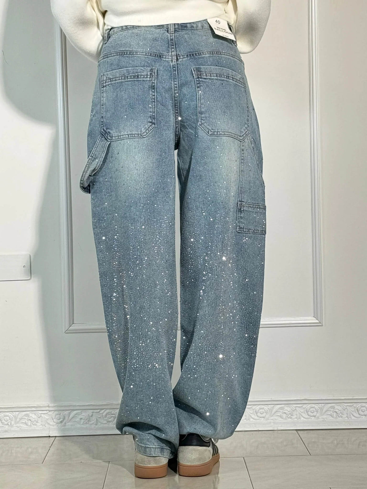 Laurence Scatter Crystal Trim Baggy Wide Leg Denim Jeans