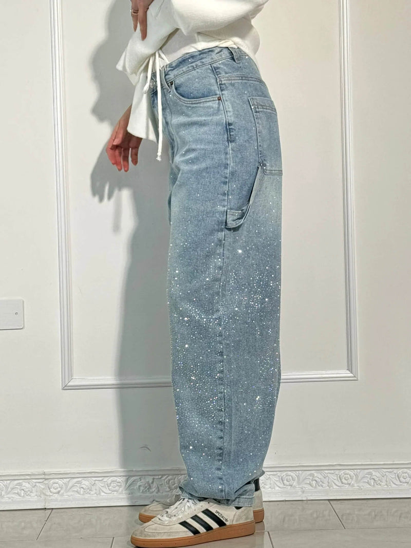 Laurence Scatter Crystal Trim Baggy Wide Leg Denim Jeans