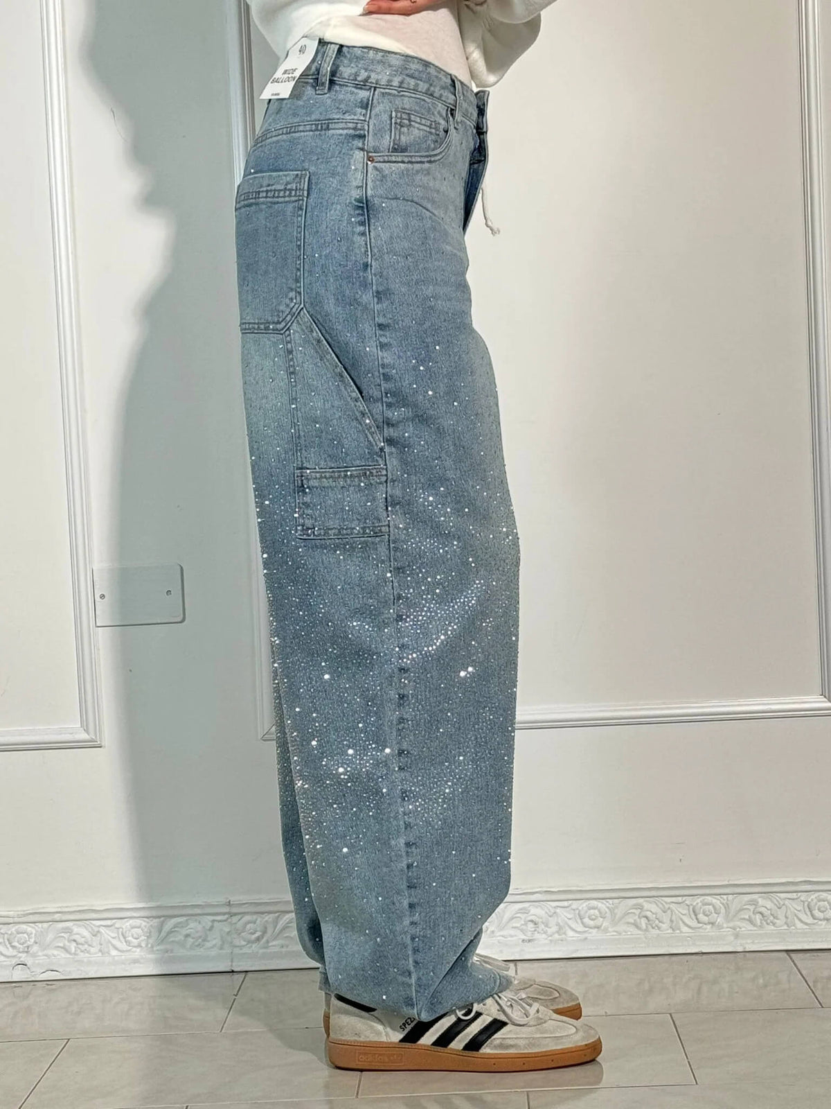 Laurence Scatter Crystal Trim Baggy Wide Leg Denim Jeans