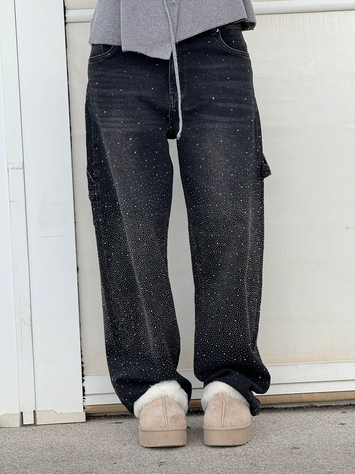 Laurence Scatter Crystal Trim Baggy Wide Leg Denim Jeans - Black