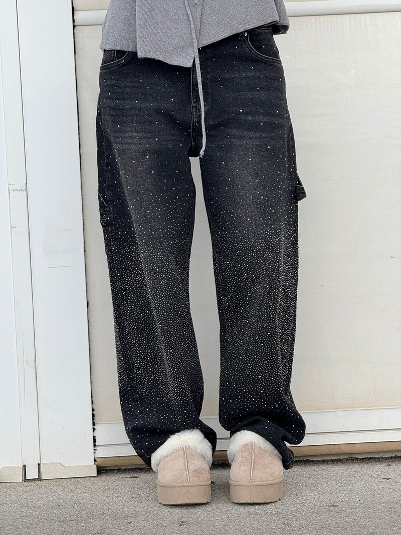 Laurence Scatter Crystal Trim Baggy Wide Leg Denim Jeans
