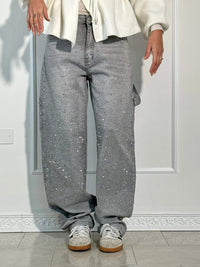 Laurence Scatter Crystal Trim Baggy Wide Leg Denim Jeans