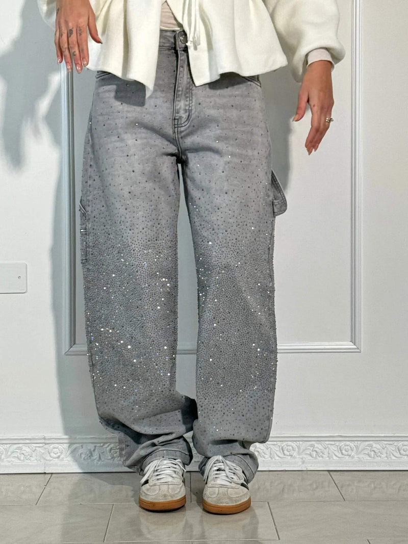 Laurence Scatter Crystal Trim Baggy Wide Leg Denim Jeans