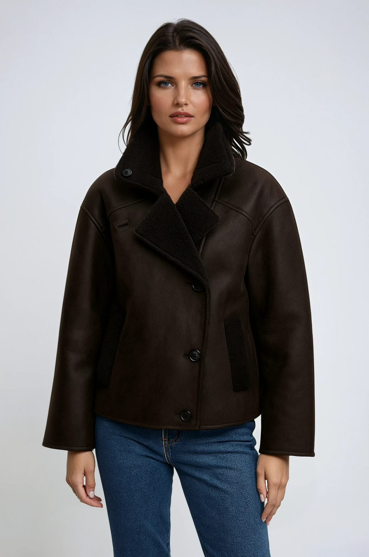Liesel Contrast Shearling Collar Oversized Aviator Jacket - Dark Brown