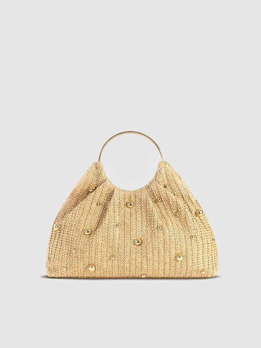 Harper Woven Straw Gathered Dome Round Handle Bag - Beige