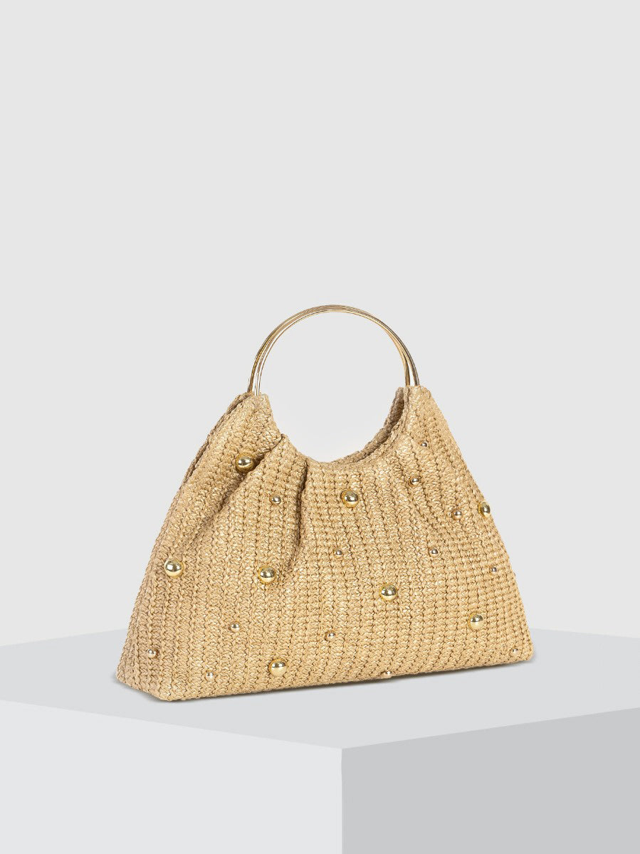 Harper Woven Straw Gathered Dome Round Handle Bag - Beige
