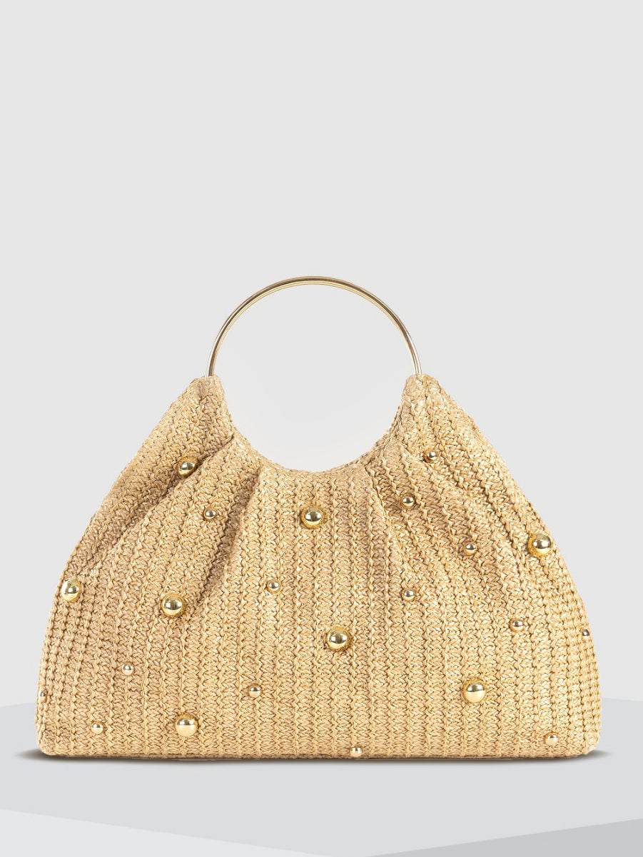 Harper Woven Straw Gathered Dome Round Handle Bag - Beige