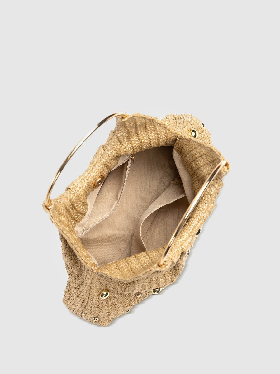 Harper Woven Straw Gathered Dome Round Handle Bag - Beige