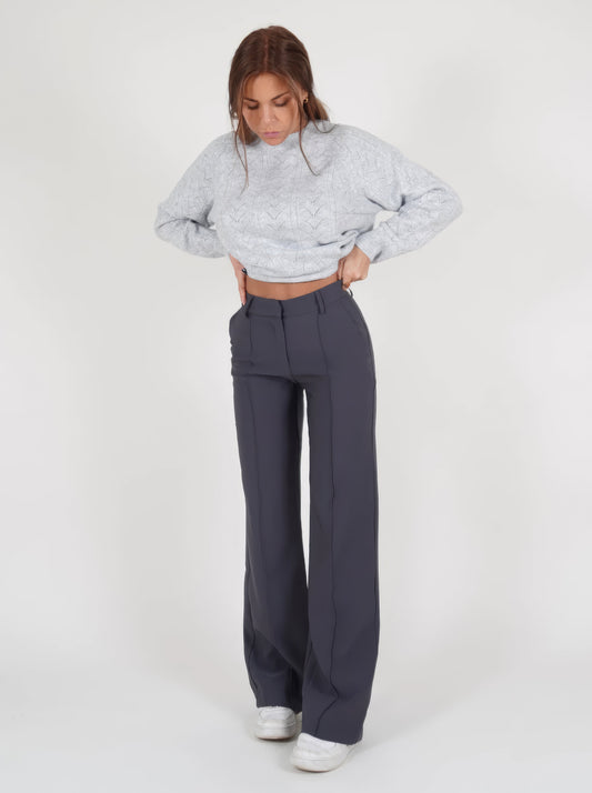 Lorraine Pressed Crease High Waist Straight Wide Leg Trousers - Grey