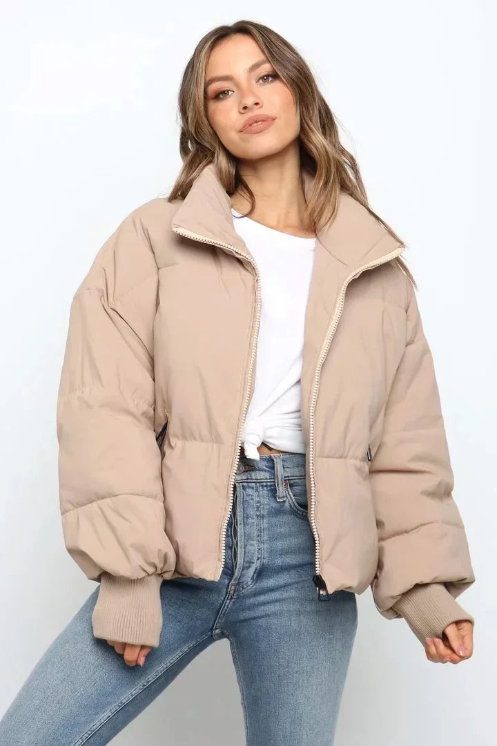 Colette Stand Collar Cropped Oversized Puffer Bomber Jacket - Khaki
