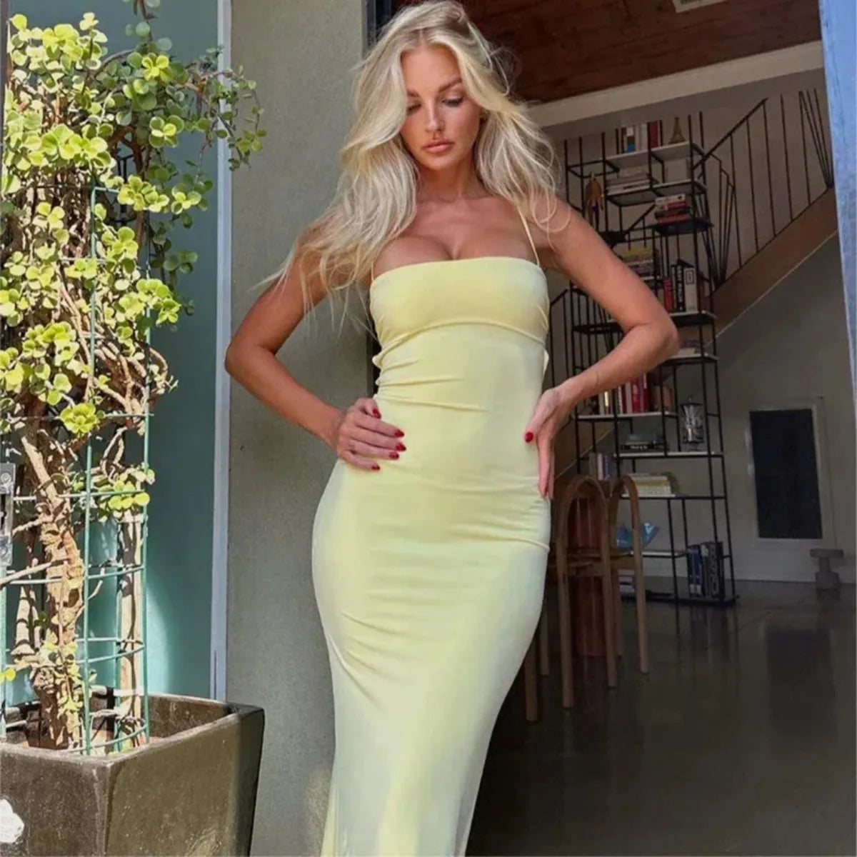 Saskia Fine Strap Bodycon Fitted Slim Column Maxi Dress