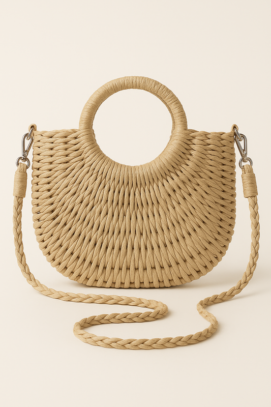 Ivy Half Moon Woven Basket Round Handle Crossbody Bag - Beige