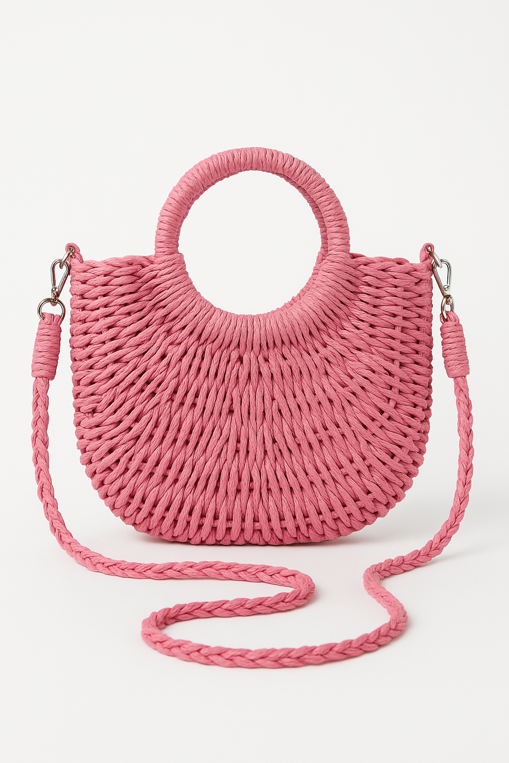 Ivy Half Moon Woven Basket Round Handle Crossbody Bag - Pink