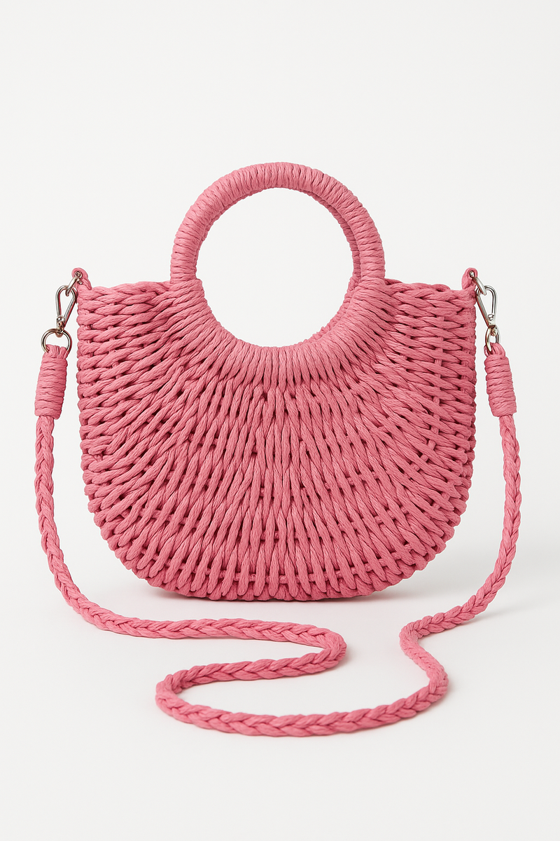 Ivy Half Moon Woven Basket Round Handle Crossbody Bag