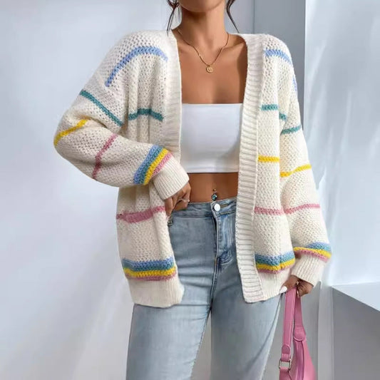 Bronwyn Contrast Stripe Sleeve Open Front Slouch Cardigan - Apricot