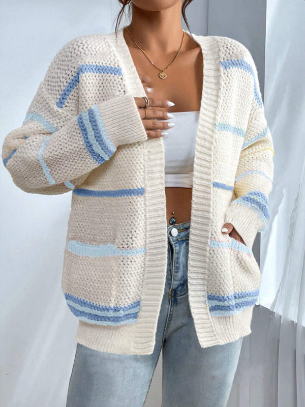 Bronwyn Contrast Stripe Sleeve Open Front Slouch Cardigan