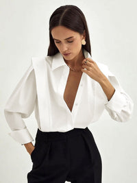 Prunelle Crisp Poplin Deep V Oversized Blouson Sleeve Shirt
