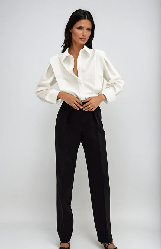 Prunelle Crisp Poplin Deep V Oversized Blouson Sleeve Shirt