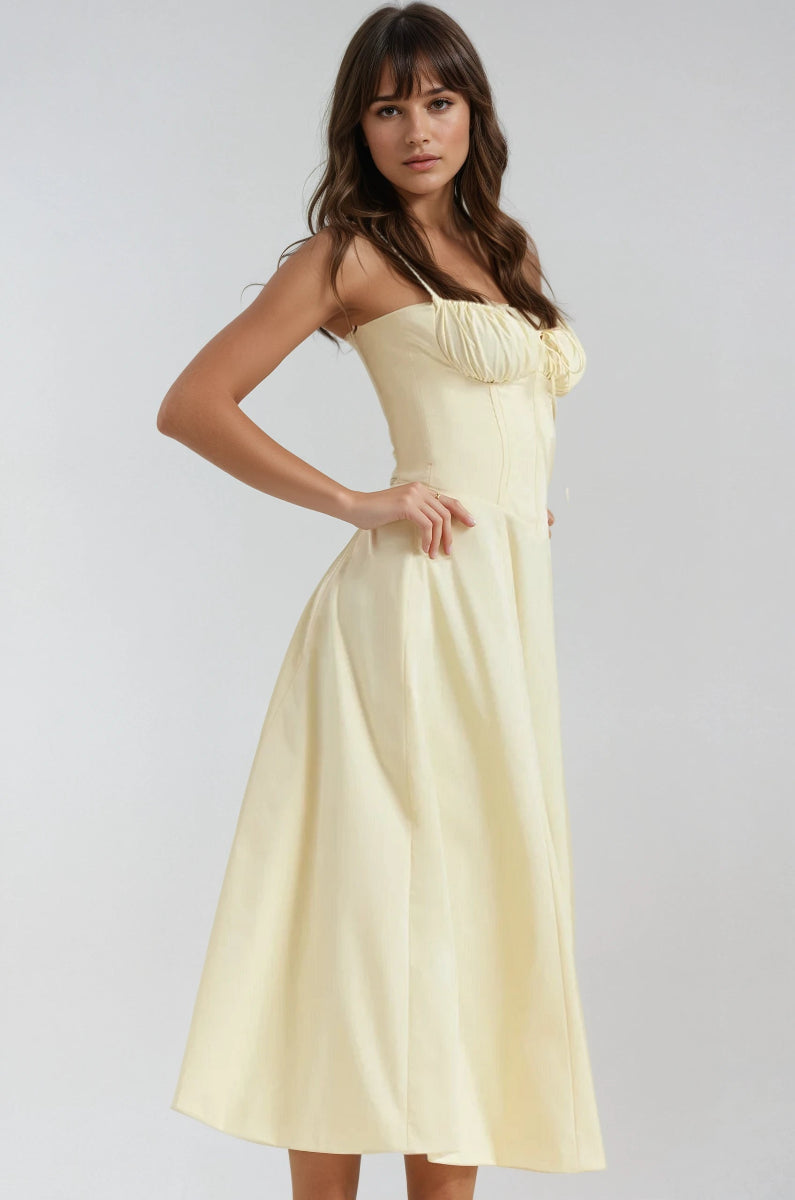 Farrah Ruffle Trim Bust Fit And Flare Strappy Midi Dress - Yellow