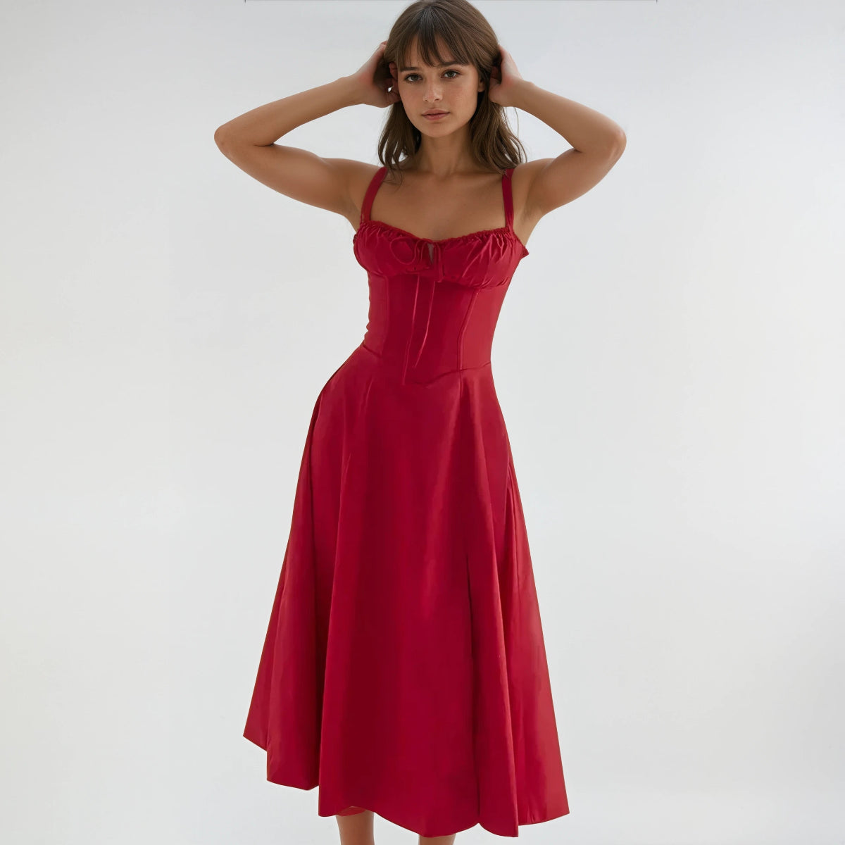 Farrah Ruffle Trim Bust Fit And Flare Strappy Midi Dress