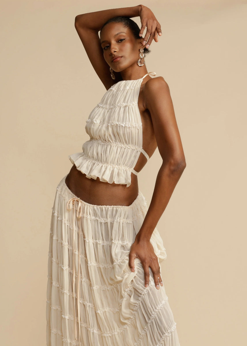 Petra Crinkle Halter Neck Top and Tiered Maxi Skirt Set - White set (Skirt + Top)