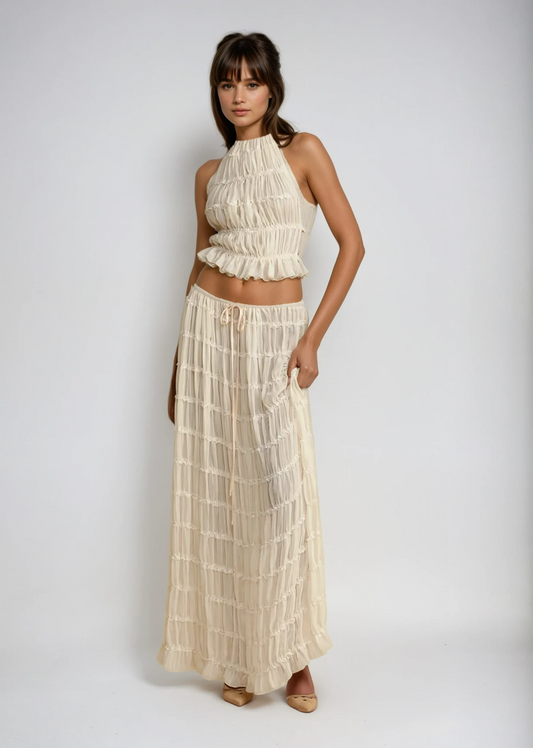 Petra Crinkle Halter Neck Top and Tiered Maxi Skirt Set