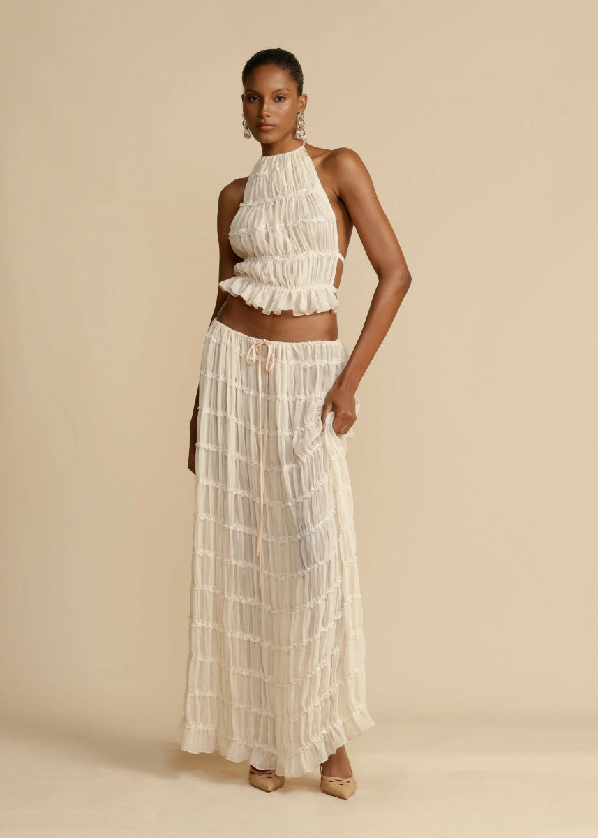 Petra Crinkle Halter Neck Top and Tiered Maxi Skirt Set