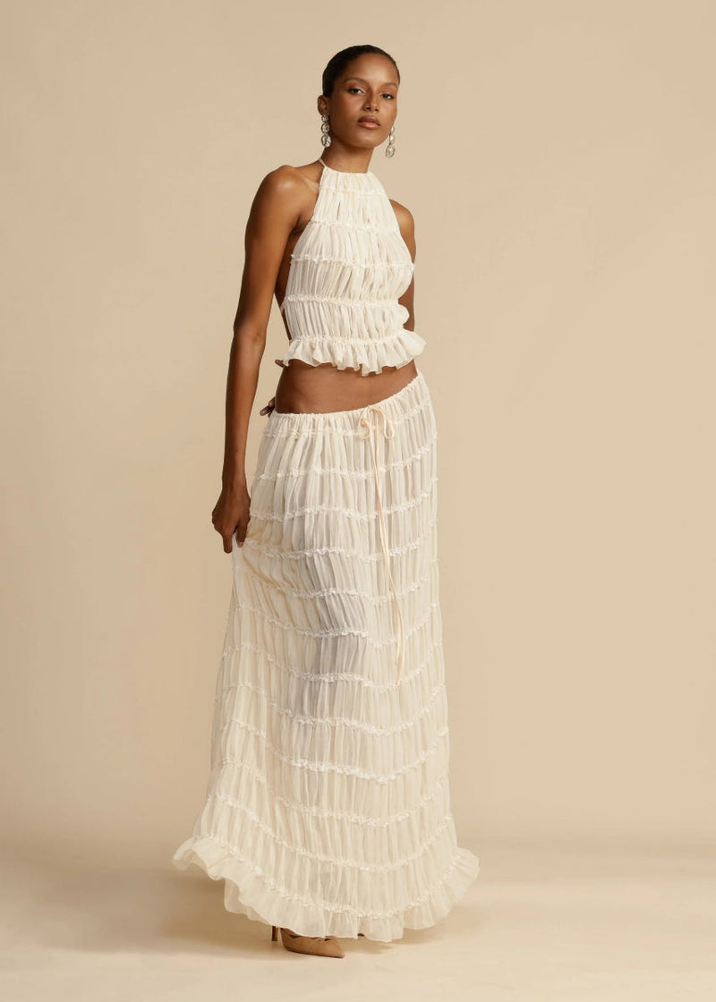 Petra Crinkle Halter Neck Top and Tiered Maxi Skirt Set