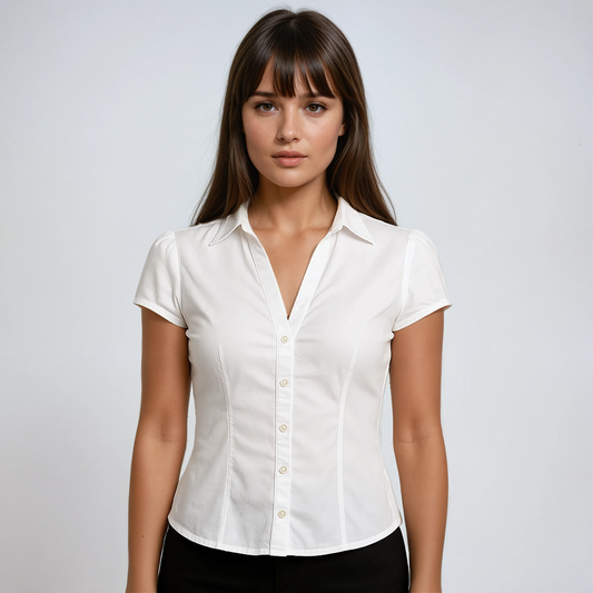 Georgette Puff Shoulder Curved Hem Fitted Short Sleeve Shirt - White