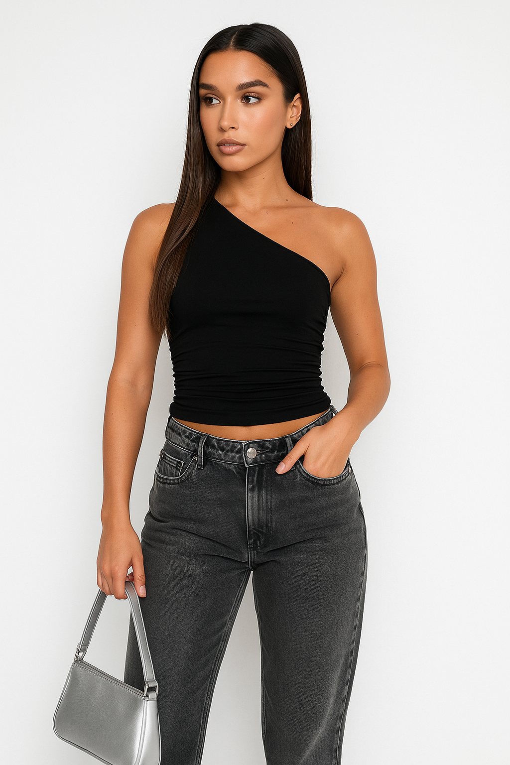 Sandrine One Shoulder Ruched Side Fitted Jersey Vest Top - Black